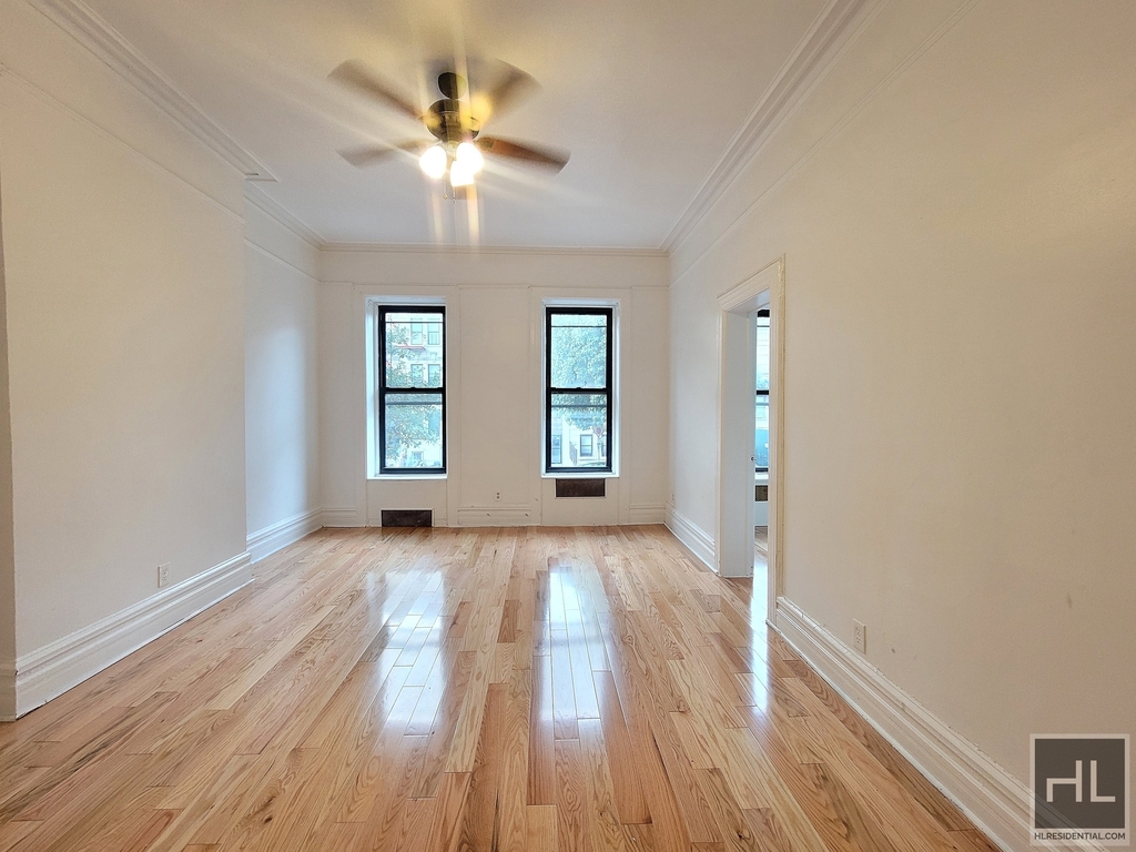 Living room with large windows in Brooklyn