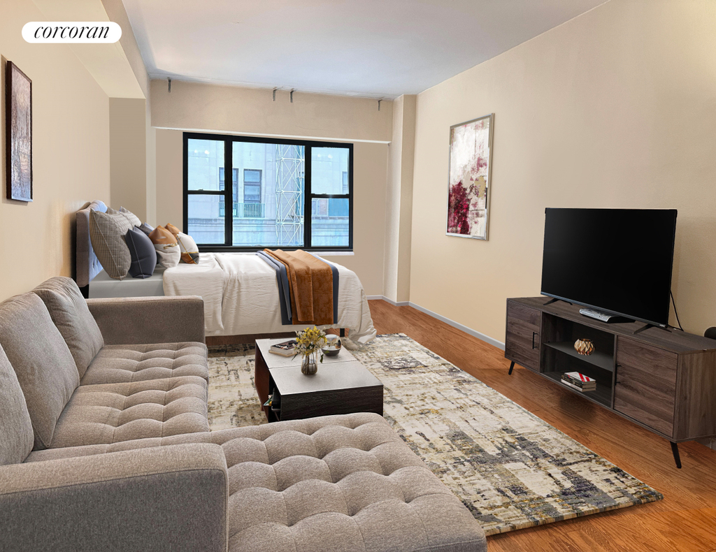 Studio with an oversized window in a Brooklyn apartment